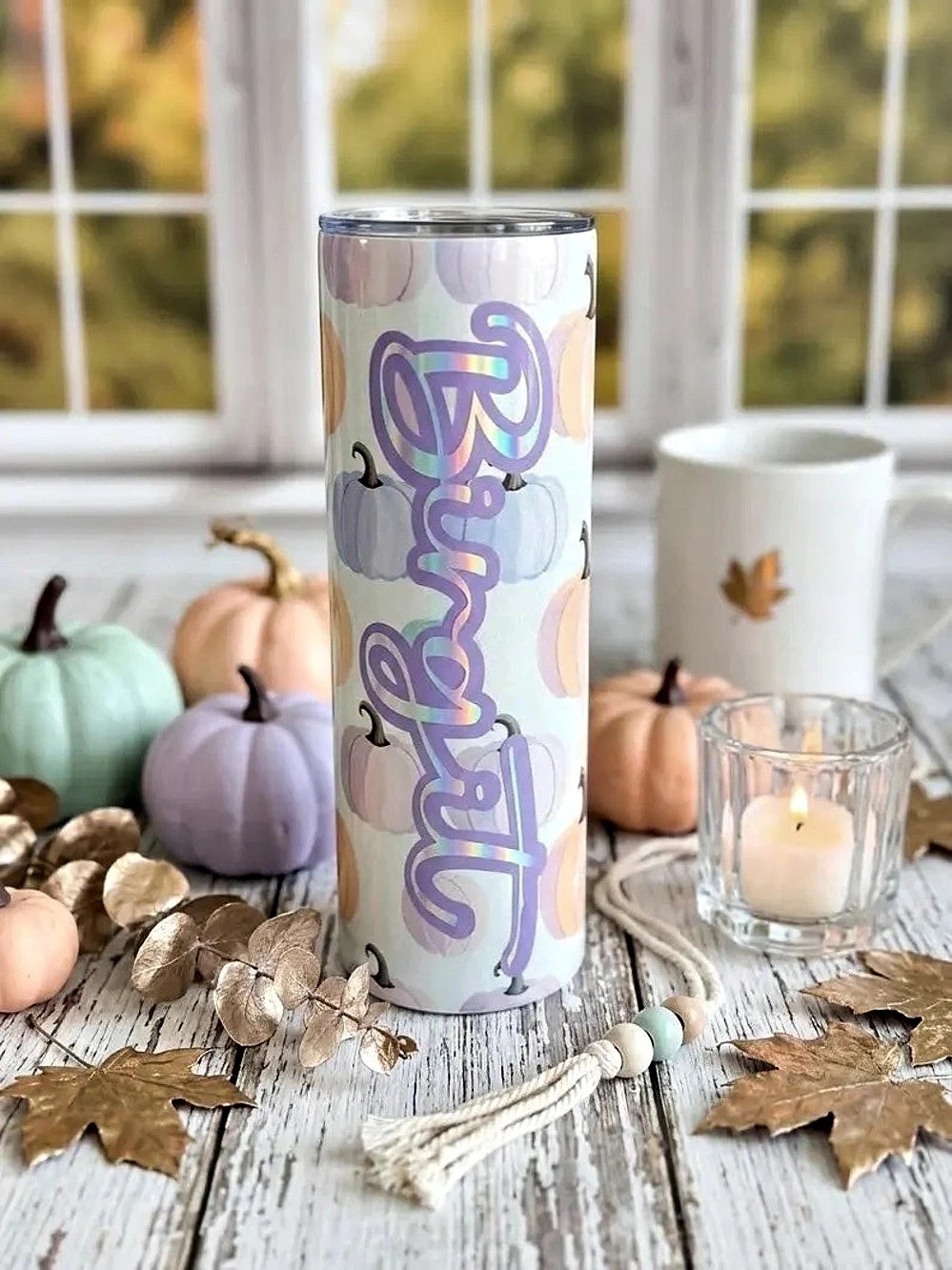 Autumn personalized holographic tumbler pastel color pumpkins